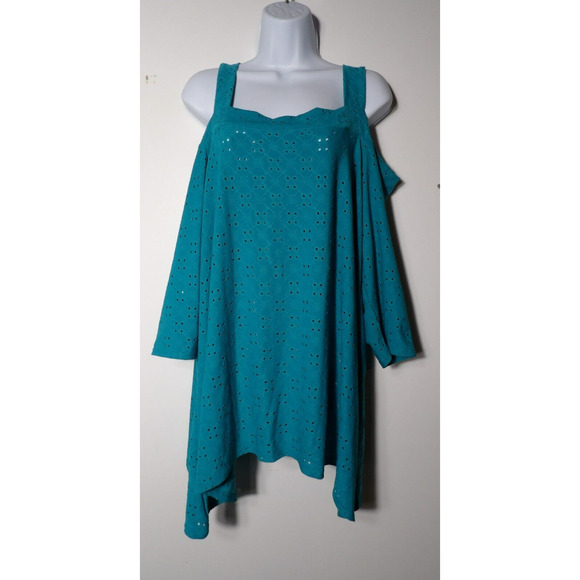 NY Collection Woman 2X Blouse Cold Shoulder Lace Cut Out Teal New Plus Vacay - Picture 2 of 12